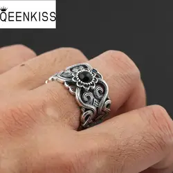 QEENKISS RG6698 Jewelry Wholesale Fashion Male Man Birthday Wedding Gift Retro Pattern AAA Zircon925 Sterling Silver Open Ring