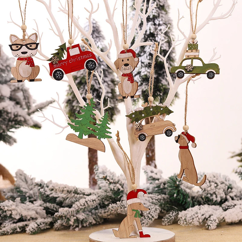 Merry Christmas Wooden Car Ornaments Hangings Christmas Decorations Animal Dog Tree Elk Cartoon Car Ornaments 2022 Xmas Gift