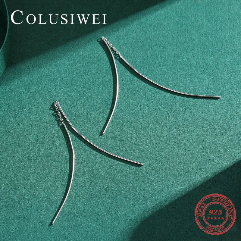 Colusiwei Simple Design 100% Pure 925 Sterling Silver Thin Tube Chain Drop Hanging Earrings for Women OL Style Fashion Jewelry