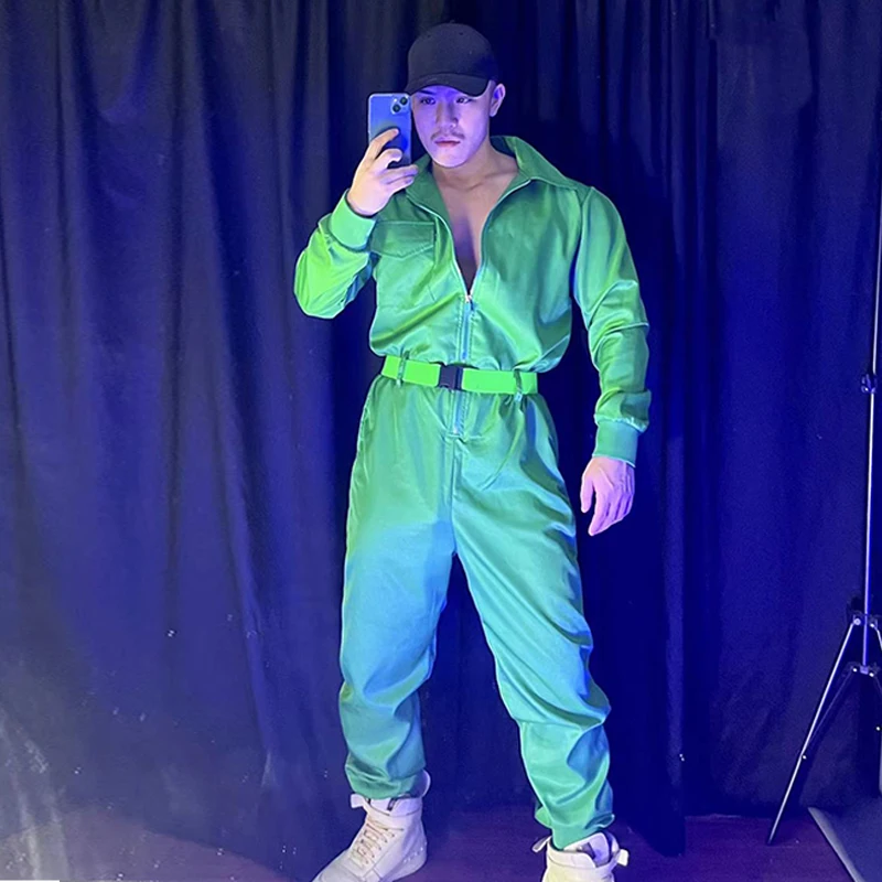 Hip Hop Dancing Clothes Men\'s Jazz Dancewear Green Bodysuit Nightclub Party Muscle Man Gogo Dancer Outfit Stage Costume VDB4493