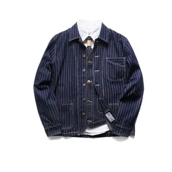 Amekaji Tooling Railway Locomotive Stripe Jacket Outdoor Camping Labor Cargo Climbing Trekking Primary Color Denim Shirts Tops