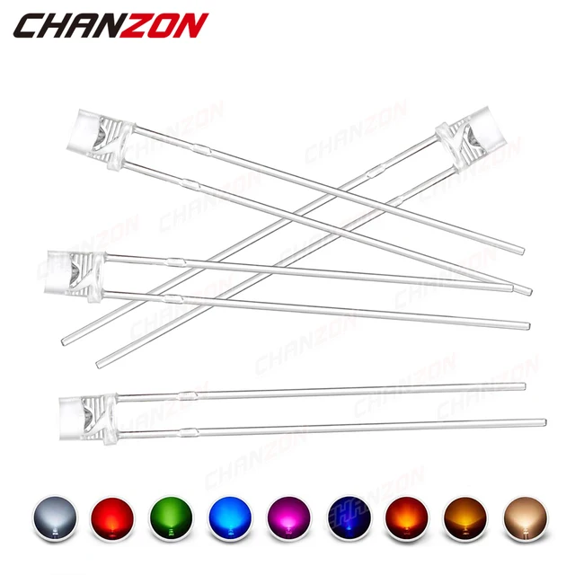 100szt 3mm Dioda LED Płaska Ciepła Biała Czerwona Zielona Niebieska UV Fioletowa Żółta Pomarańczowa Różowa 2V 3V Żarówka emitująca światło do DIY PCB