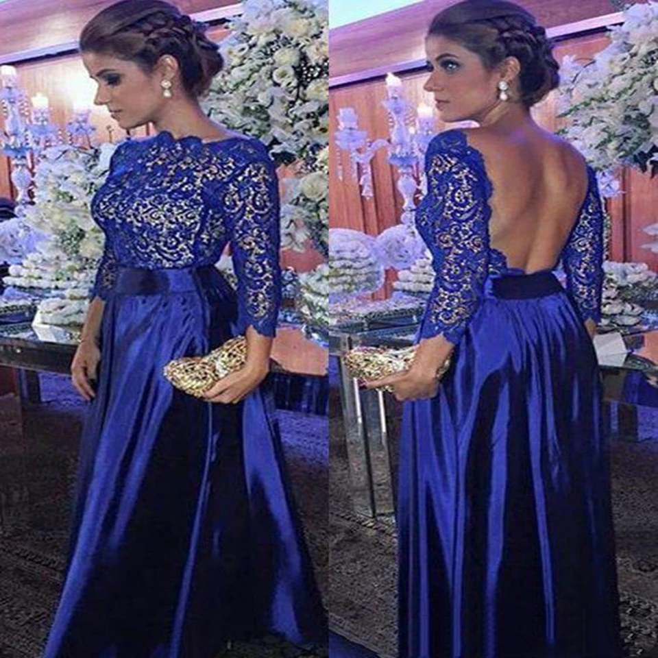 Royal Blue Elegant Formal Party Evening Dresses 2020 Backless Vestios Gala Robe De Soire Prom Gown Women Lace Long Sleeves Dress