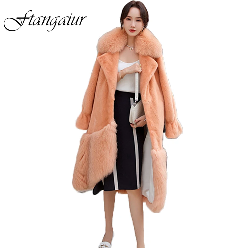 

Ftangaiur Winter Import Velvet Mink Fur Coat With Fox Fur Collar Full Sleeve Women X-Long Natural Real Mink cloak Coats