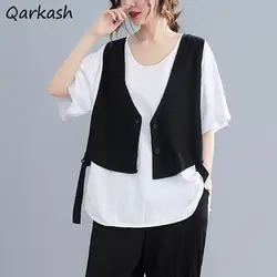 Vests Women Leisure Cool Unisex Simple Solid Color Single Breasted Side-slit Adjustable Waist Loose Japanese Style V-neck Retro