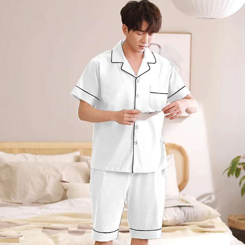 Summer Men Shorts Pajama Set Cotton Sleepwear White Pijama Hombre Nightwear 2Pcs PJ Home Clothes Cotton Pyjama Homme Plus Size