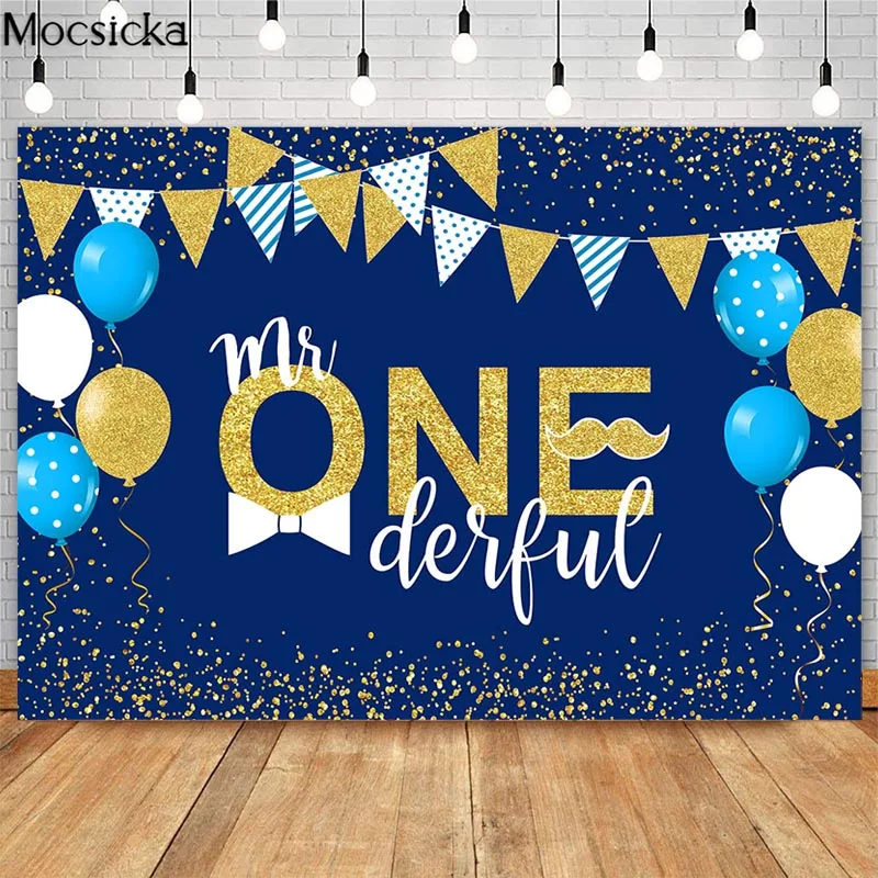 

Mocsicka Mr. Onederful Party Backdrop Boys 1st Birthday Background Bow Tie Little Man Blue Cake Table Decoration Banner Props
