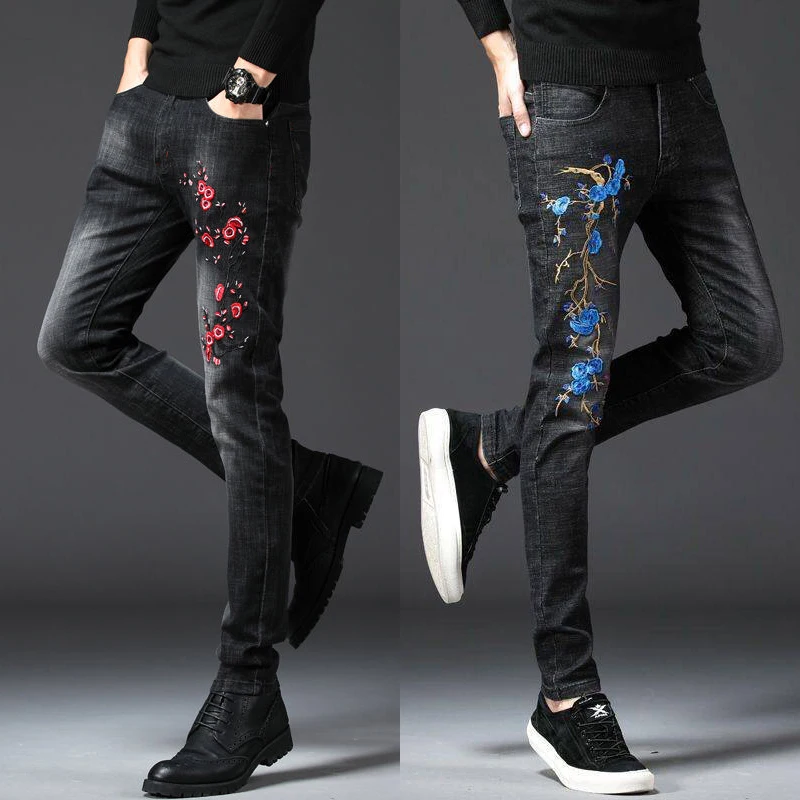 Men’s High Quality Embroidery Jeans,Slim-fit Stretch Denim Pants,White-Washed&Scratched Street Casual Jeans;