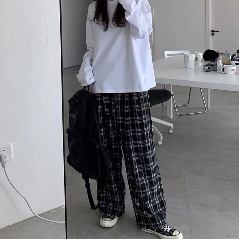 Wide Leg Pants Womens Hot Sale Summer Chic High Waist All-match Teens Streetwear Ins Trendy Harajuku Plaid Womens Black Trouser