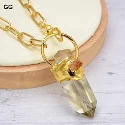 GG Natural Lemon Quartz Point Citrine Rough Pendant Gold Plated Fashion Chain Necklace 20