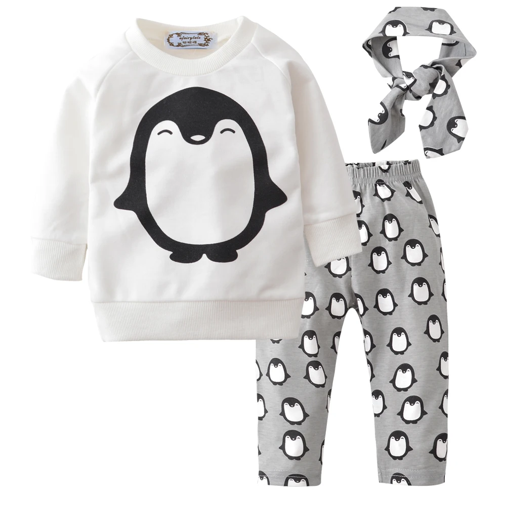 clothes for newborns Baby clothes set 2021 Spring and Autumn Cartoon Penguin T-shirt + Pants + Headband Penguin baby boy set