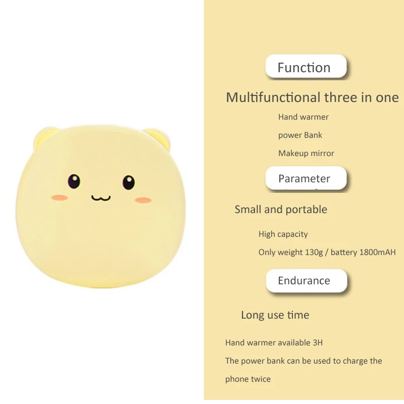 สัตว์เลี้ยงน่ารักมืออุ่นชาร์จ Pad กระจกเครื่องสำอางสาม-In-One แบบพกพาแบตสำรองไฟฟ้าร้อน Treasure