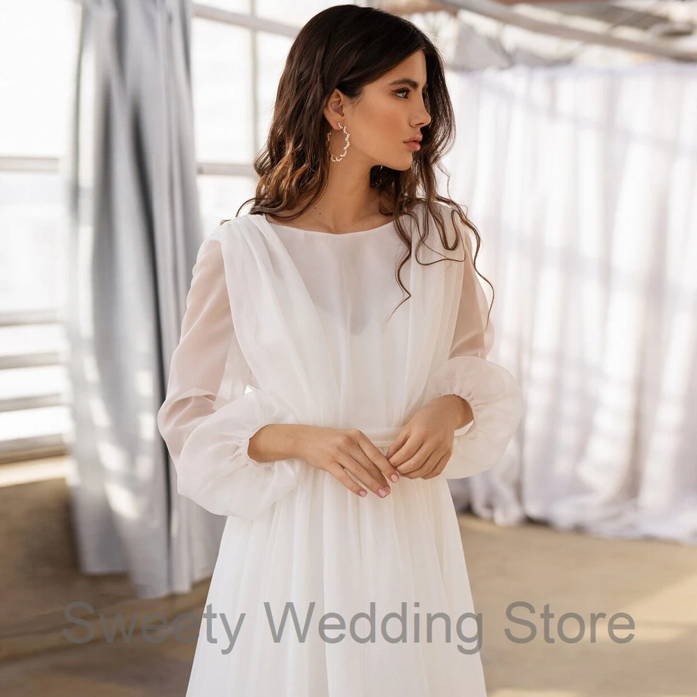 Jiayigong Modest Bridal Gowns Puff Sleeves O Neck Simple Chiffon Bride Dresses Backless A Line Sweep Train Boho Wedding Dress