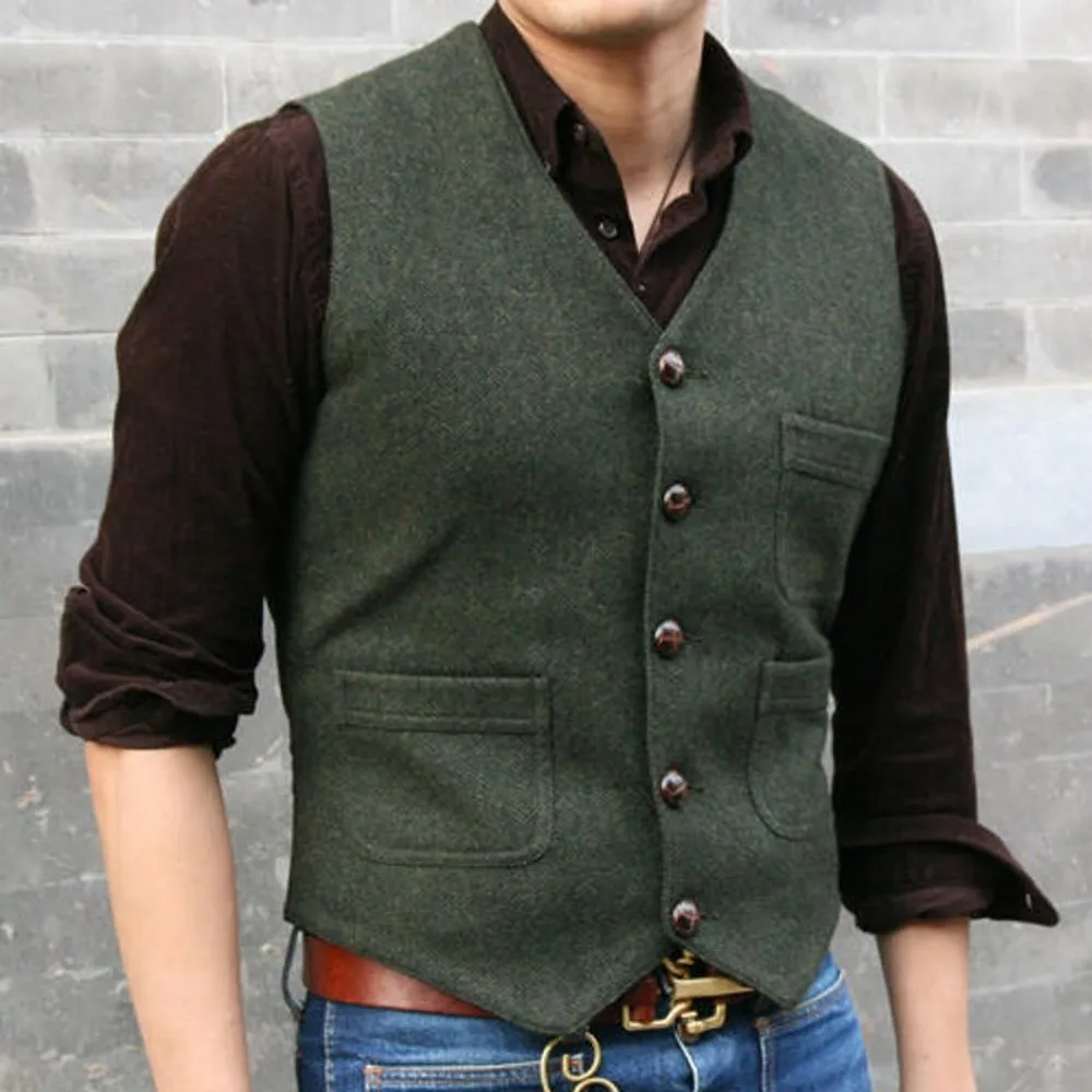 Wool  Dark Green Groom vests Wedding Country Tweed slim fit wedding Party for men Attire Groomsmen Vest Prom