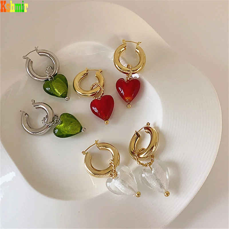 Kshmir French style exaggerated transparent glass red heart shaped gold earrings lady color glass earrings jewelry gift