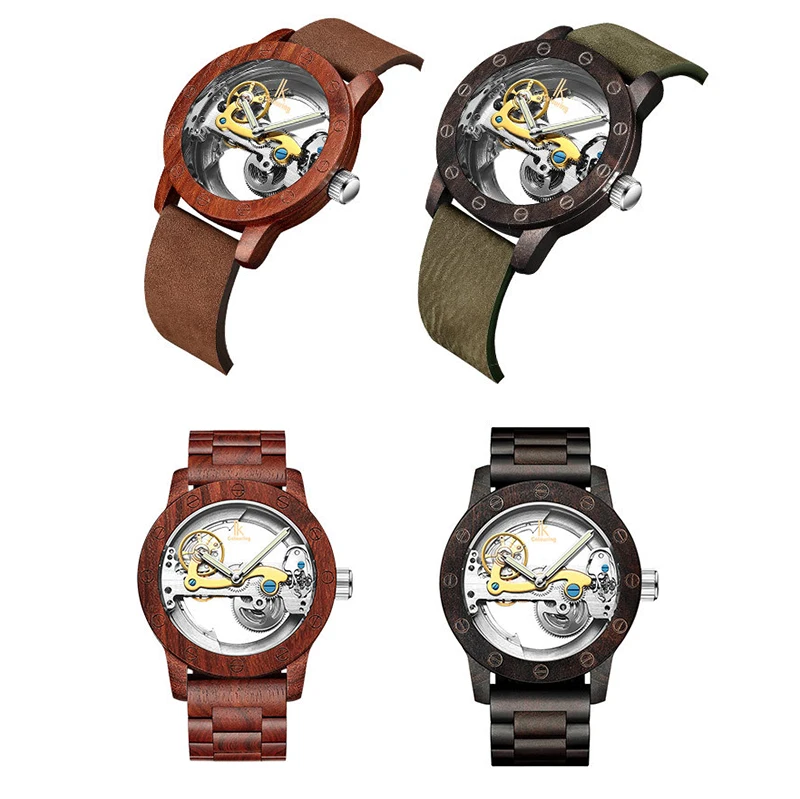 IK Colouring New Fashion Men\'s Wooden Mechanical Watches Creative Hollow Dial Casual Top Brand Luxury Male Automatic Wristwatch