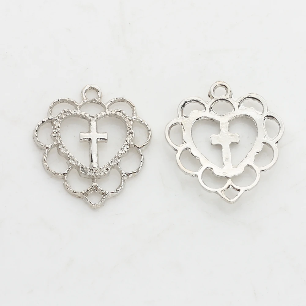 20mm 10pcs/lot Zinc Alloy  Hollow Sweet Heart Cross Religious Lace Charms For DIY Jewelry Making Earrings Accessories - Image 5