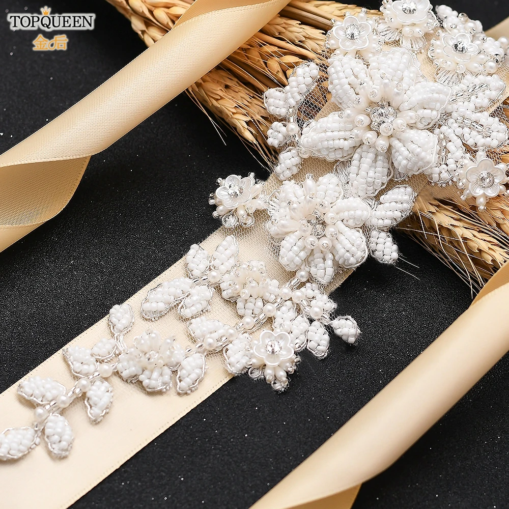 TOPQUEEN S484 Bridal Belt Fashion Wedding Accessories White Pearl Beaded Flower Sash Women\'S Party Dresses Accessories Appliques