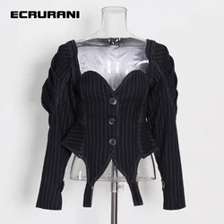 ECRURANI Patchwork Striped Casual Coats For Women V Neck Long Sleeve High Waist Loose Jackets Female Fashion Clothing 2021 Style