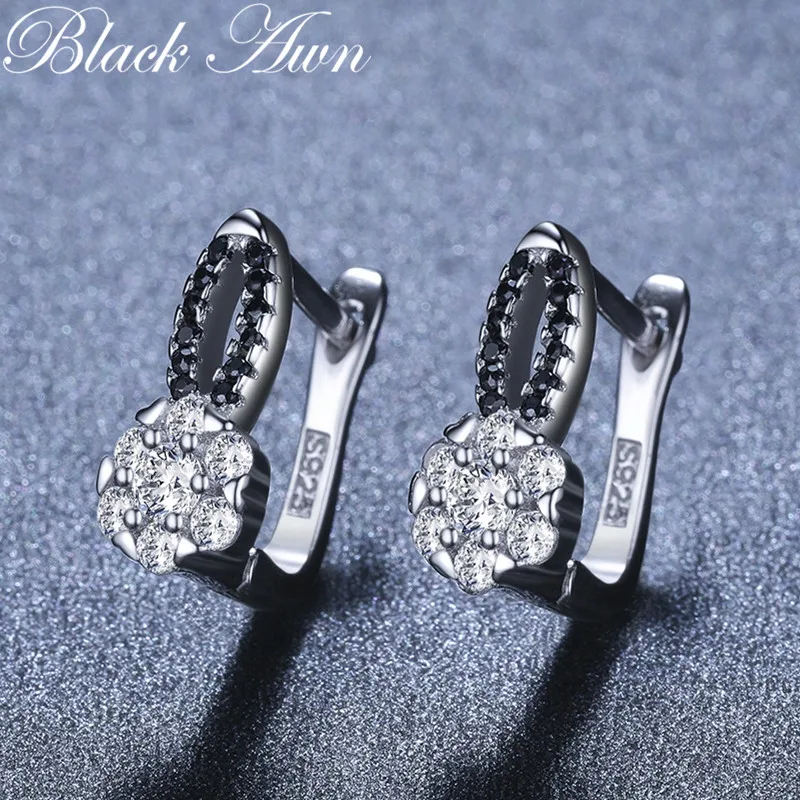 

Trendy Genuine 925 Sterling Silver Jewelry Wedding Stud Earrings for Women Row Black&White Female Earring T214