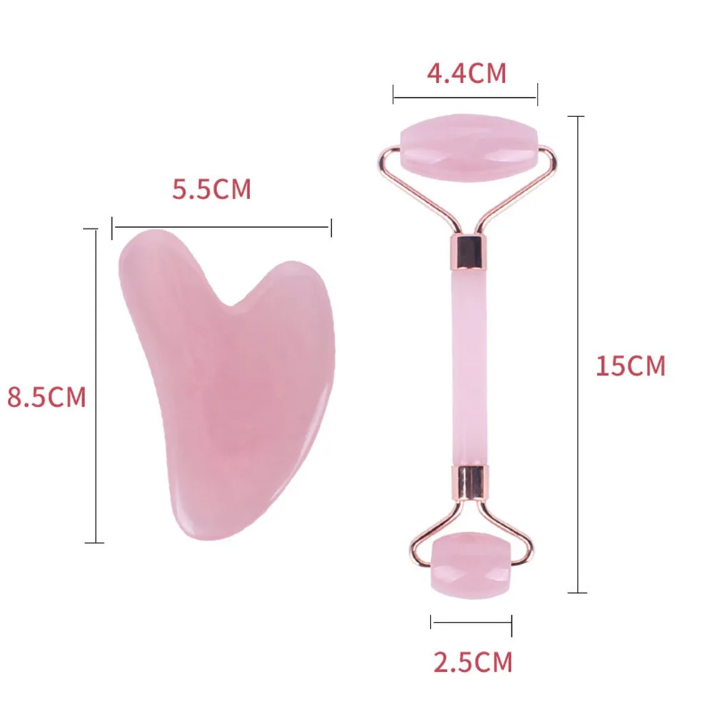 2PCS 100% Rose Stone Guasha Set Facial Roller Stone Board Massager Face Slimming Body Relax Massager Acupuncture Scraper Plate