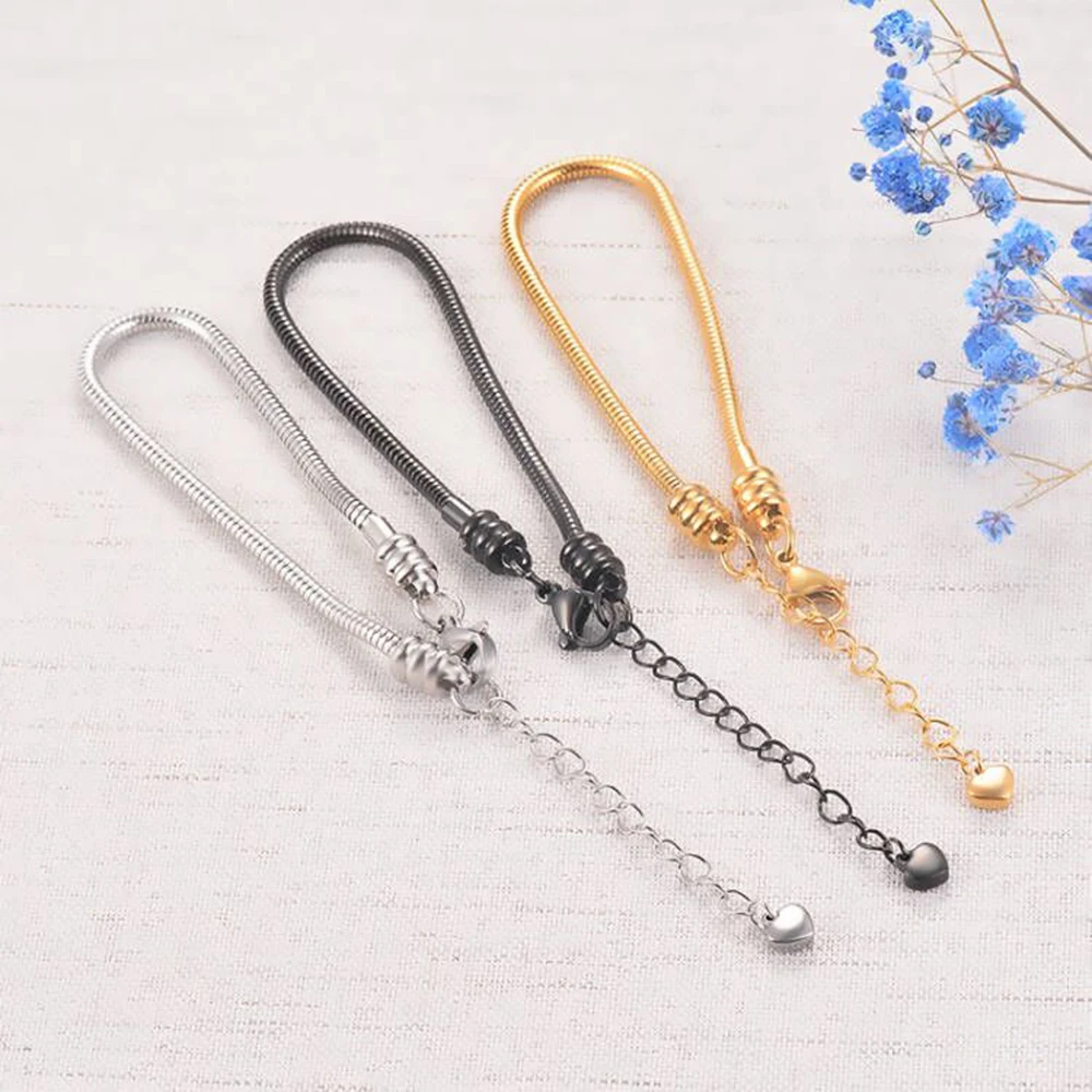 Women Girls Slider Charms Bracelet 3mm Snake Chain Bracelets Stainless Steel Chain Bracelet Fits Standard Charms Bead Chain