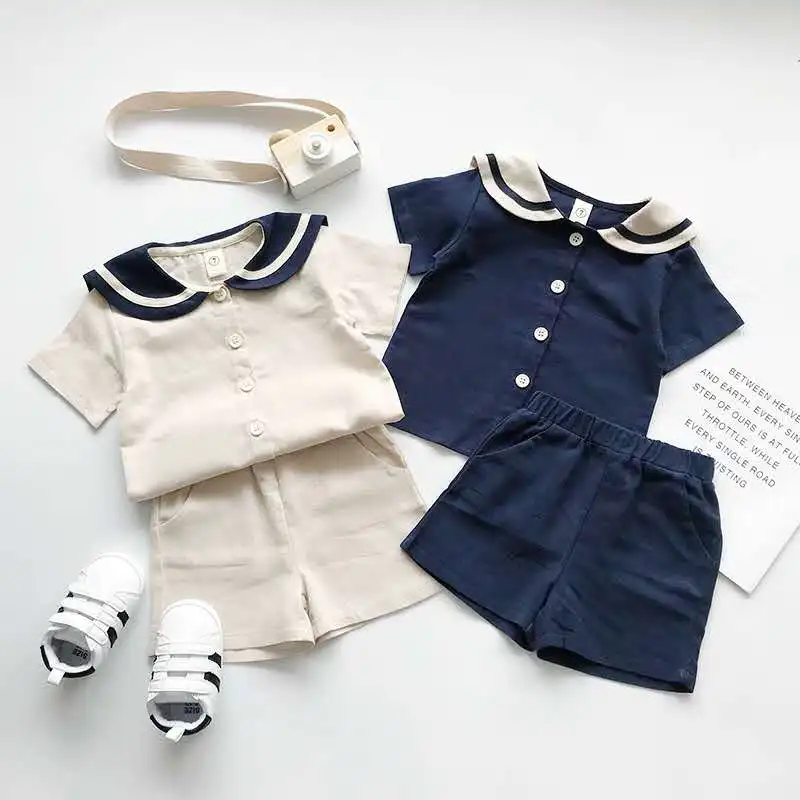 2023 Summer New Small And Medium-Sized Children Boys And Girls Navy Style Cotton Linen Short-Sleeved Shorts Suit