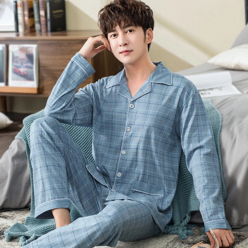 100% Cotton Men\'s pajama Set Winter Pijama Hombre 2 Pieces Blue Plaid Sleepwear Sleep&Lounge Pyjama Autumn Lattice Male Pajamas