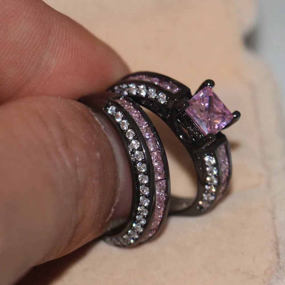 Vintage Pink Diamond Ring Sets 10KT Black Gold Filled Engagement Wedding Band Rings for women Bridal set Promise Party Jewelry