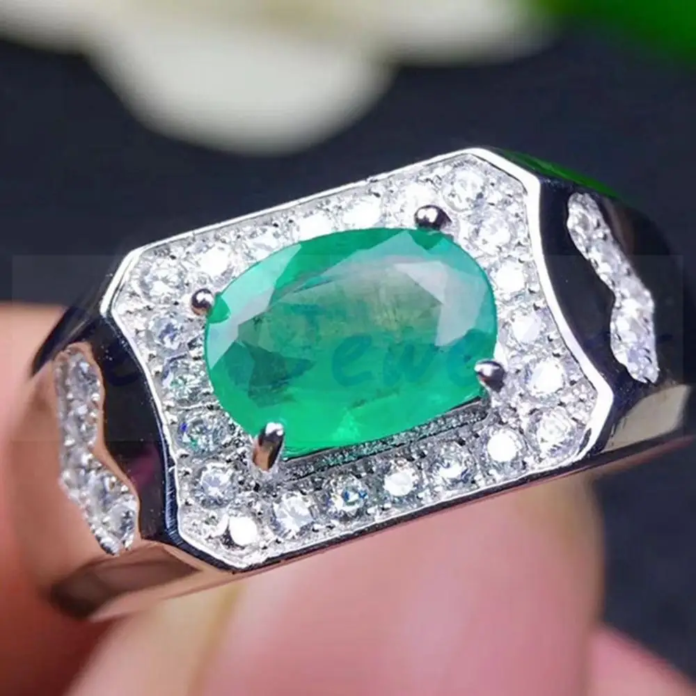 High-end Men ring Emerald ring Free shipping Natural real emerald 925 sterling silver  birthday anniversary gift good color
