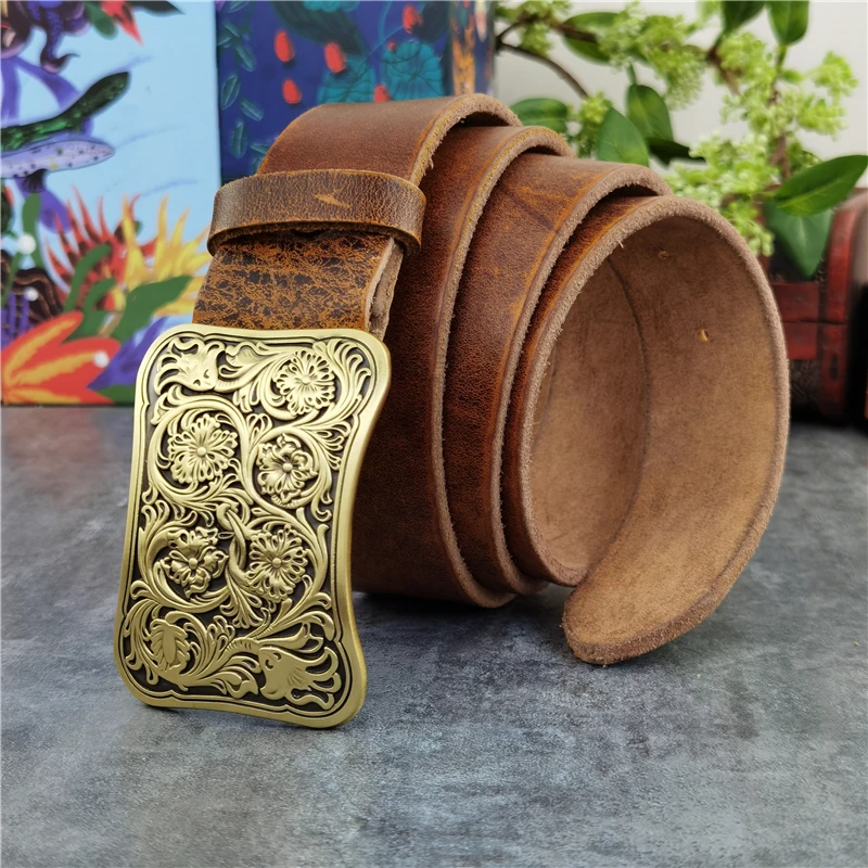 Luxury Carving Flower Brass Belt Buckle Men\'s Belt Ceinture Top Thick Geunine Leather Belt For Men Wide Trouser Belt Men MBT0031