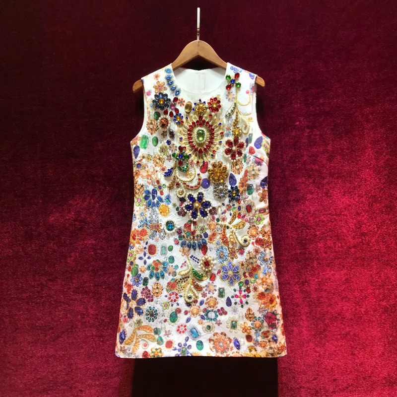 

European and American women's summer 2021 new Sleeveless heavy stitching beads Court print jacquard Fashionable dress