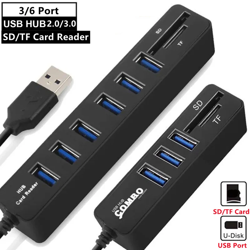 USB Hub 3/6 Port Expander USB 2.0/3.0 Hub Multi USB Splitter Multiple USB 2.0/3.0 Combo USB-Hub TF/SD Card Reader For PC Laptop