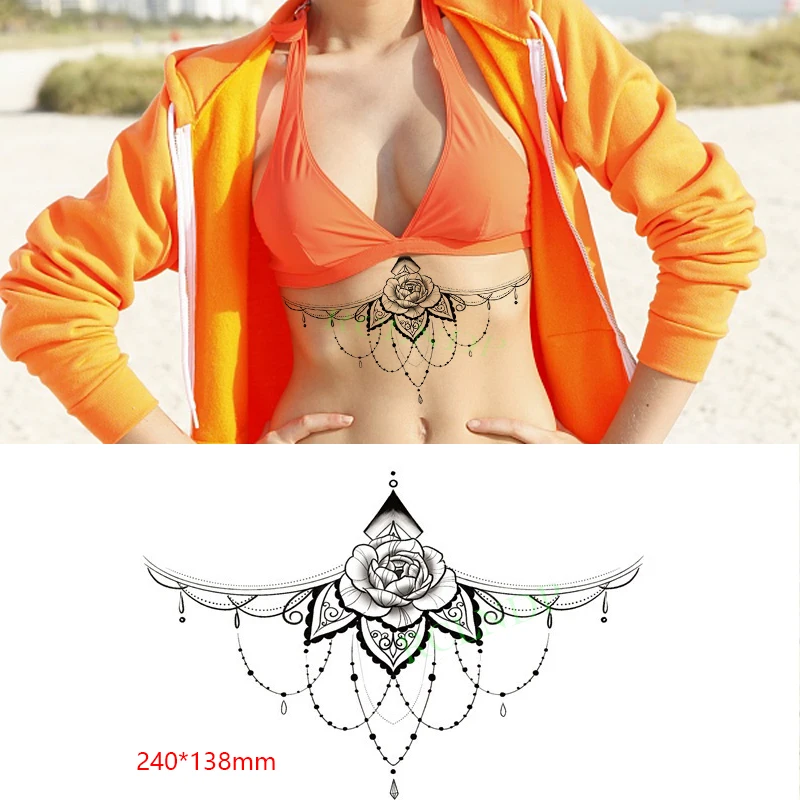 Waterproof Temporary Tattoo Sticker Rose Flower Necklace Elememt Waist Chest Tatto Breast Flash Tatoo Fake Tattoos for Women