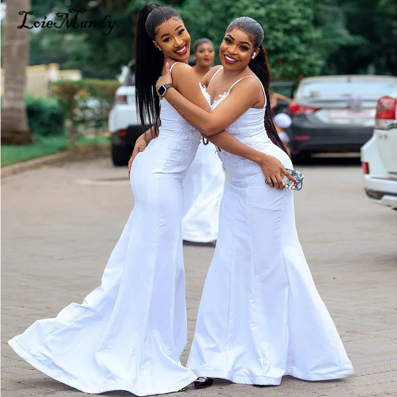 Modern White Mermaid Bridesmaid Dresses With Applique Lace 2022 African Long Prom Dress Wedding Guest Party Gowns Vestido longo