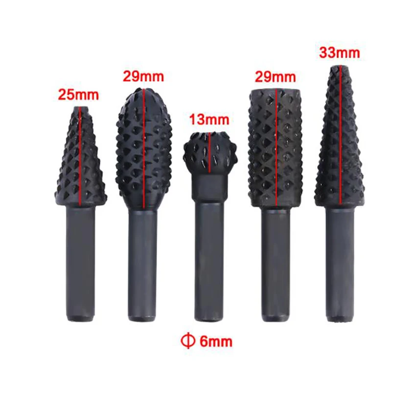 5Pcs/set Carbon Steel Rasp File Drill Bits Set, Woodworking Carving Grinder Drill Rasp Tool, 1/4