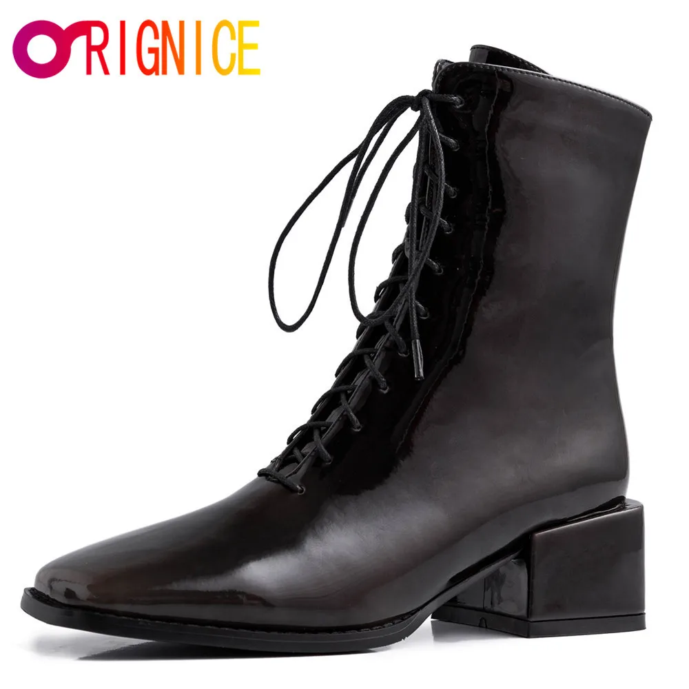 

Orignice Square Toe Woman 2021 Autumn Winter New Arrival Thick Heels Ankle Boots High Quality Leather Lace Up Banquet Shoes