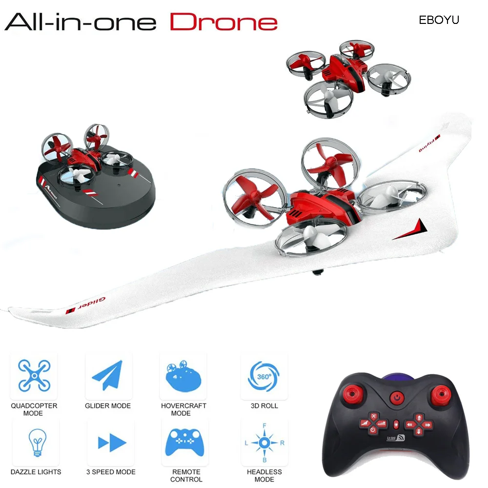 EBOYU L6082 RC Drone 3 in 1 RC Glider Airplane/ Drone/ Hovercraft Sea-Land-Air Switchable 2.4Ghz Remote Control Quadcopter Toys