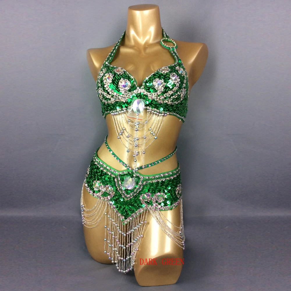 Crystal bikini Women's beaded belly dance costume wear Bar+Belt 2pc set  stage show gogo outfit