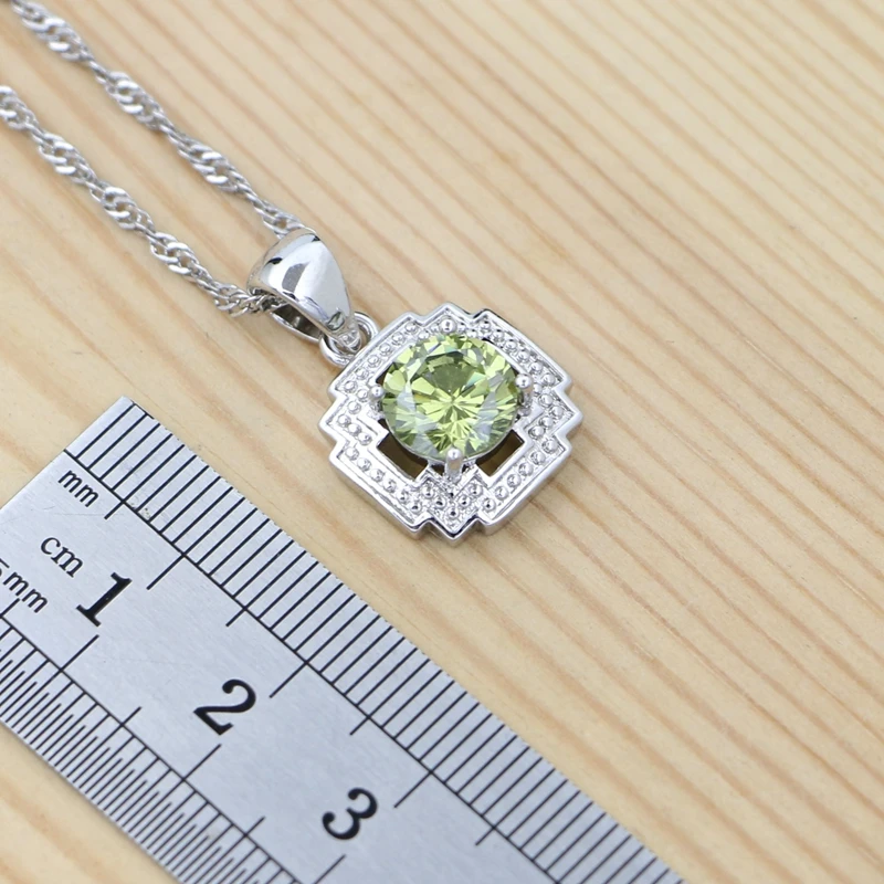 Woman Silver 925 Jewelry Set Olive Green Cubic Zirconia Square Hollow Earrings Ring Necklace Pendant Set