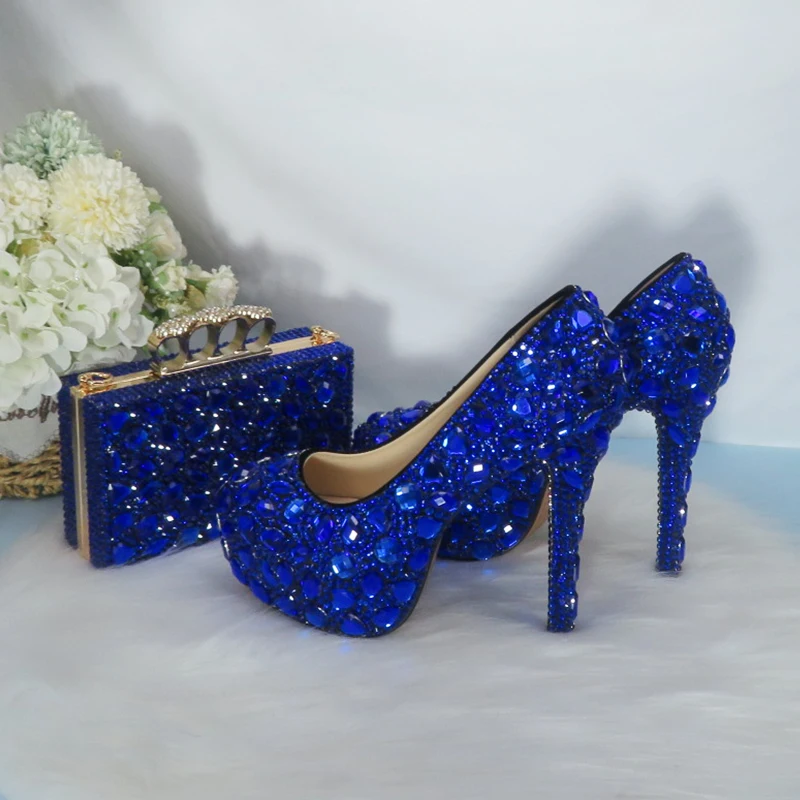 BaoYaFang Royal Blue Crystal Bridal Wedding Shoes And Bag Woman High Platform Shoes Big size Round Toe Party wedding shoes Women