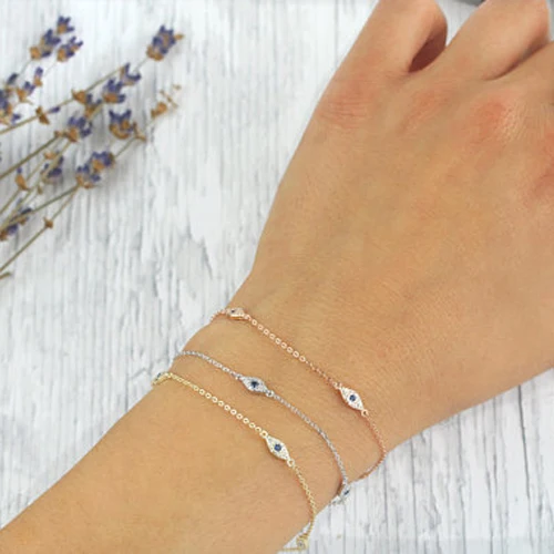 100% 925 sterling silver cute lovely blue white cz evil eye link chain minimal delicate thin chain women girl adorable bracelet