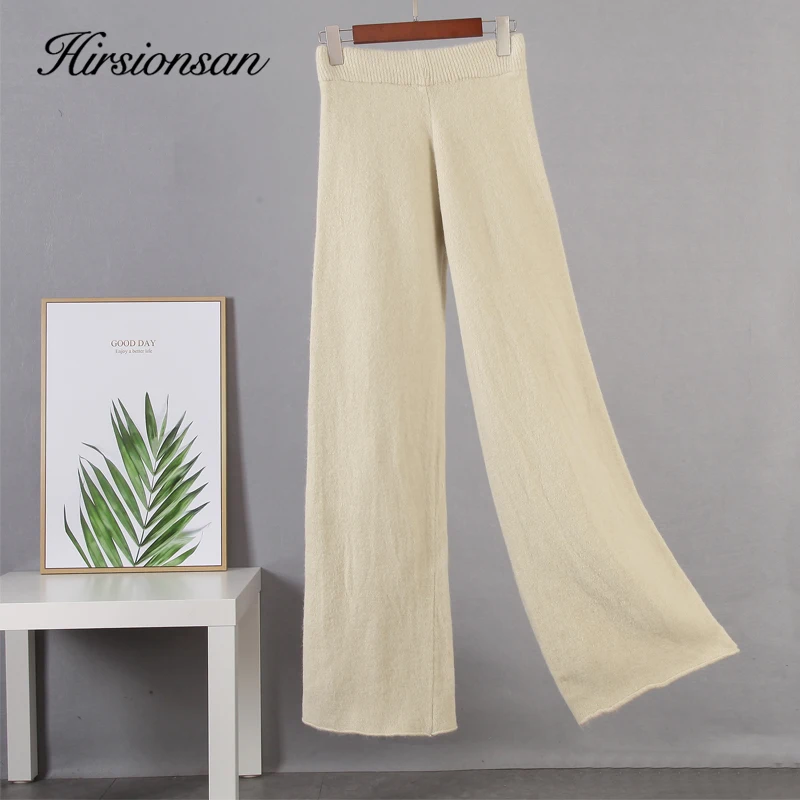 Hirsionsan Cashmere Soft Wide Leg Pants Women 2023 Winter Korean Vintage Straight Pants Loose Female High Waist Knitted Trousers