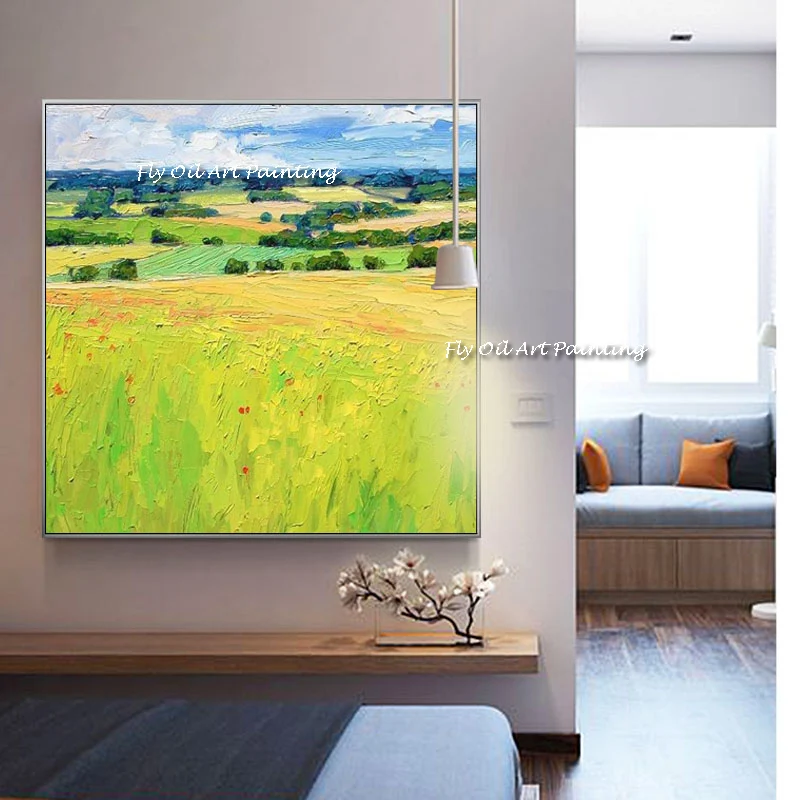 Rural scenery  Flower Wall Art Picture Handmade Rape Flower Yellow Field Canvas Home Decor Mural Painting For Living Room