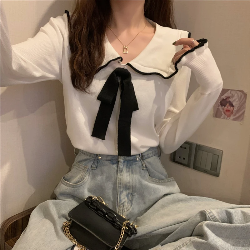 Y2k Pullovers Women Bow All-match Basic Sweater Flare Sleeve BF Peter Pan Collar Knitting Harajuku Spring Soft Clothing Elegant