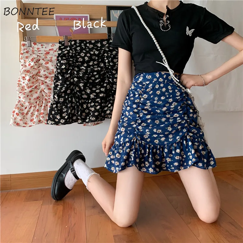 Skirts Women Fashion Folds Sexy Floral Empire Trendy Harajuku Mini All-match Club Ladies Lined Summer Cool New A-line Holiday