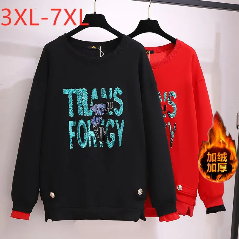 Neue Herbst Winter Plus Größe Frauen Kleidung Pullover Lange Hülse Lose Dicke Samt Rot Druck Sweatshirt Mantel 3XL 4XL 5XL 6XL 7XL