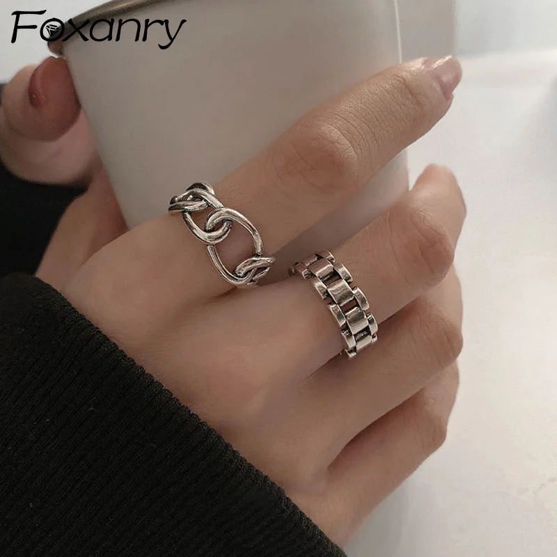 Foxanry Minimalist Silver Color Finger Rings New Fashion Creative Cross Hollow Chain Geometric Party Jewelry Gifts