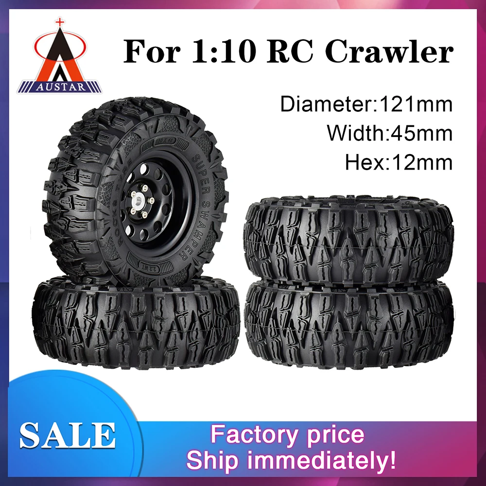 4PCS 2.2 Inch Rubber Tyres & Black Metal Beadlock Wheel Rim for 1:10 Axial SCX10 Traxxas TRX-4 RC Rock Crawler RC Car