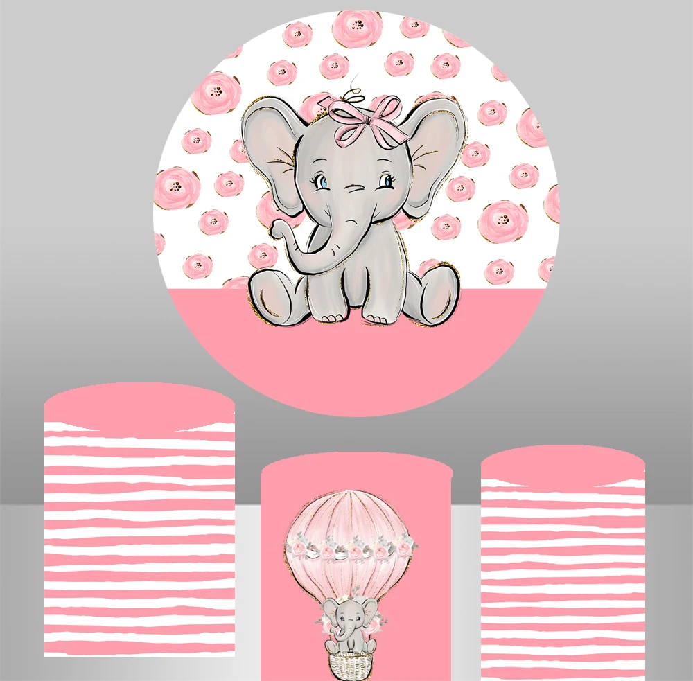 

pink baby elephant shower Backdrop round background kids birthday Party decoration table/column/cylinder Covers YY-643